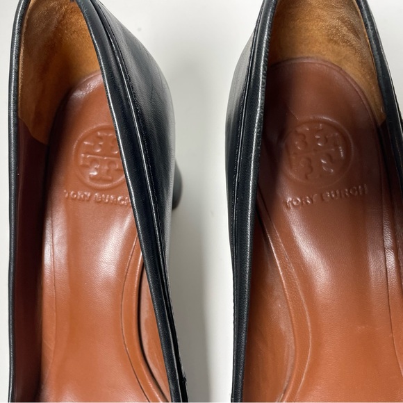 Tory Burch Black Leather Block Heel Floral Emblem Size 9.5M - Picture 9 of 11